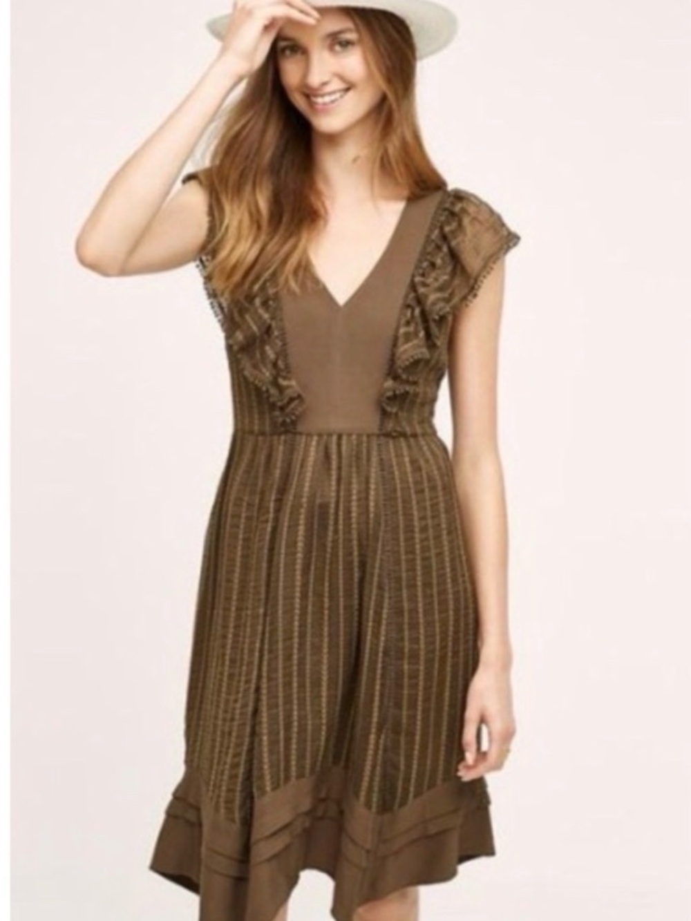 Anthropologie Holding Horses Womens V-Neck Ruffle Sleeve Brown Dress Size Med